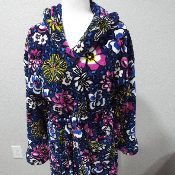 Vera Bradley Plush Blue Floral & Leopard Robe with Pockets / Hood L/XL - Picture 1 of 12